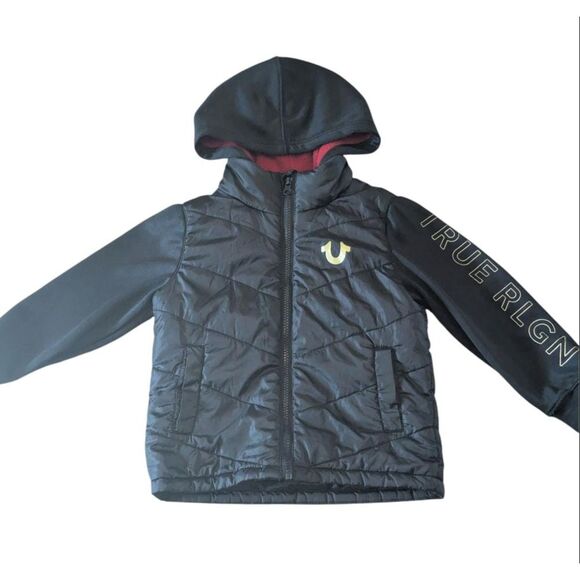 True Religion Kids Black Puffer Jacket with Logo on Sleeve - Size 5 - Picture 1 of 4